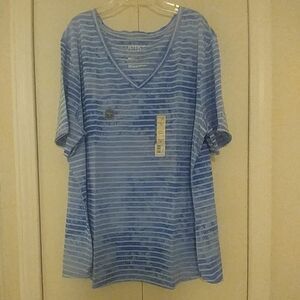 Terra &‎ Sky Notched Neck Blue Striped Tee New with Tags Size 2X